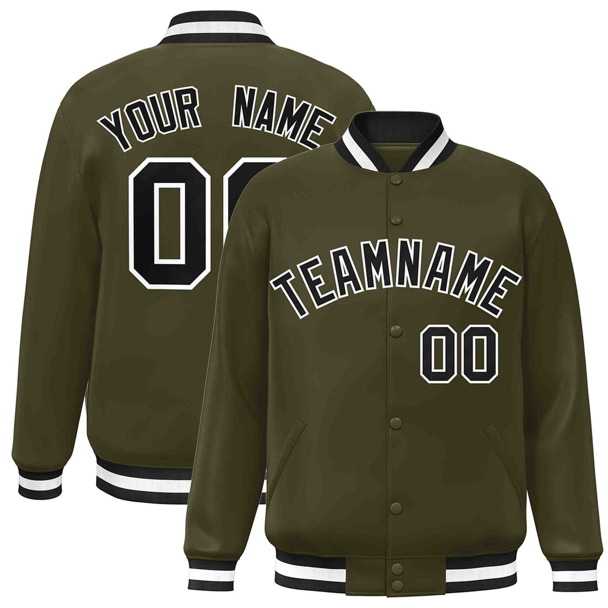 Custom Olive Black-White Varsity  Jacket Classic Style Full-Snap Letterman
