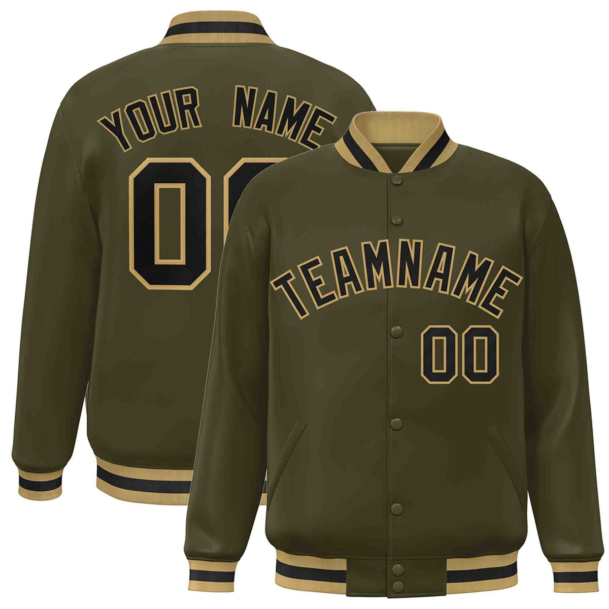 Custom Olive Black-Old Gold Varsity  Jacket Classic Style Full-Snap Letterman