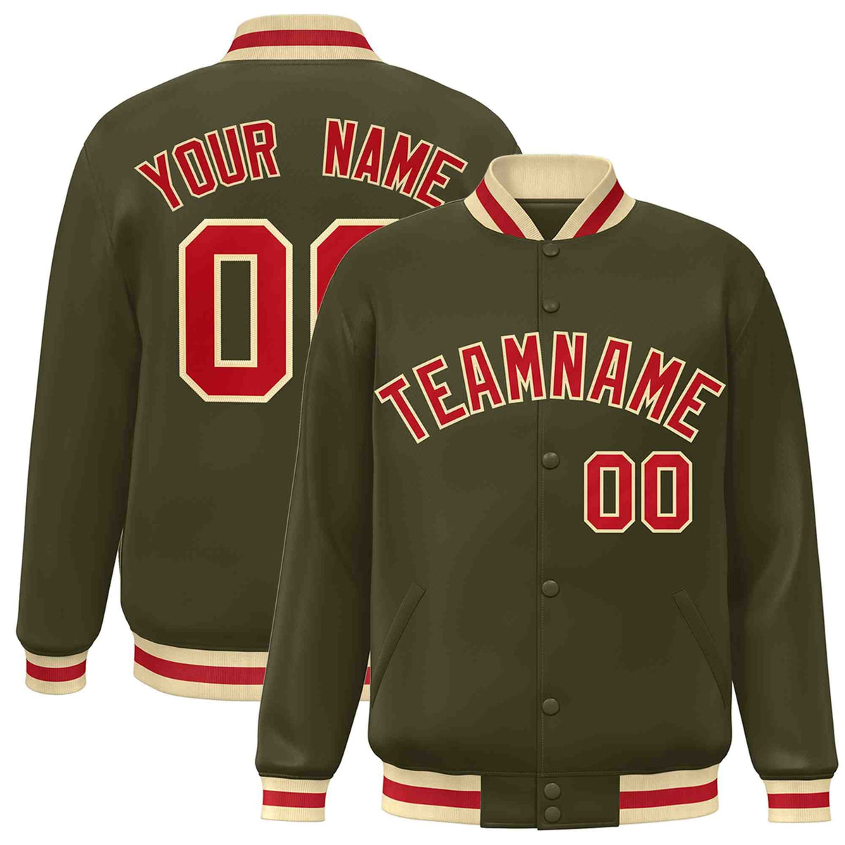 Custom Olive Red-Khaki Varsity  Jacket Classic Style Full-Snap Letterman