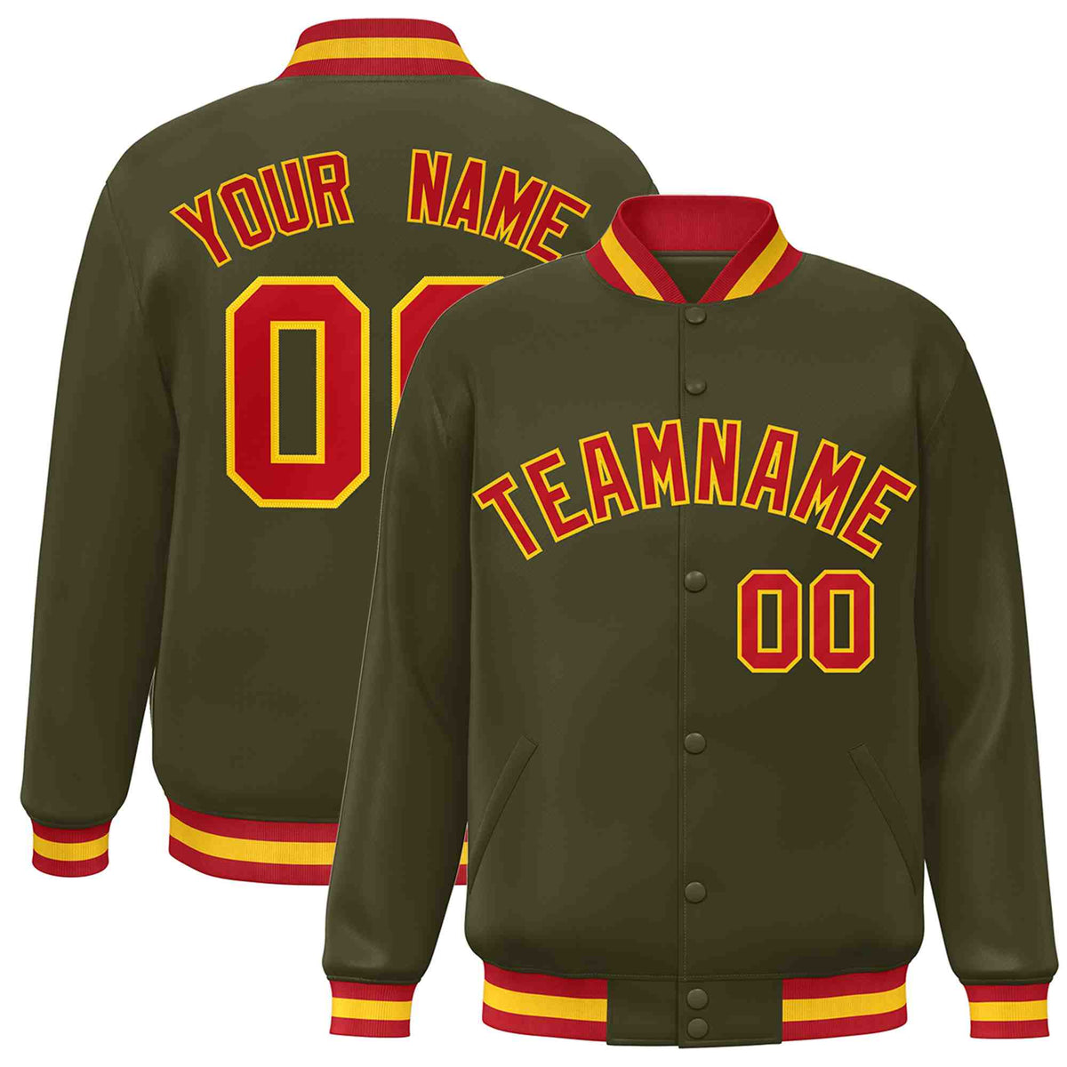 Custom Olive Red-Gold Varsity  Jacket Classic Style Full-Snap Letterman