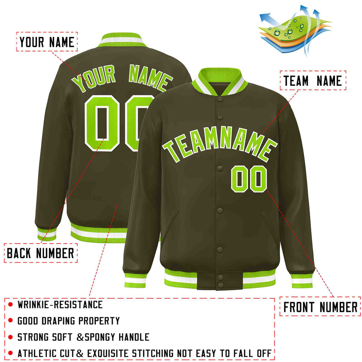 Custom Olive Neon Green-White Varsity  Jacket Classic Style Full-Snap Letterman