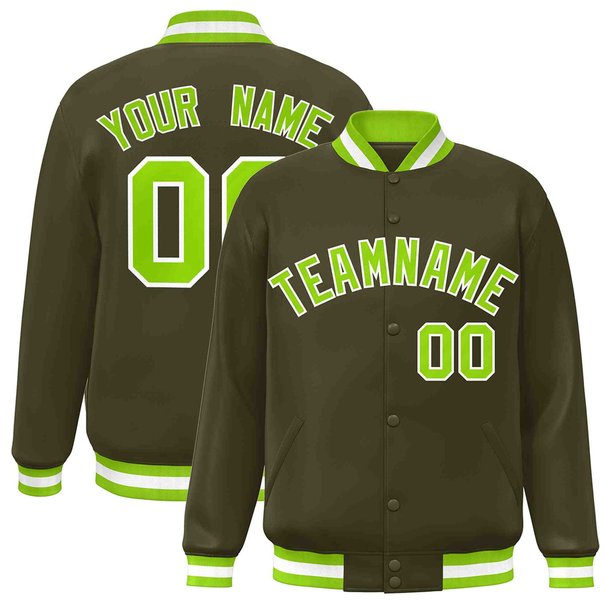 Custom Olive Neon Green-White Varsity  Jacket Classic Style Full-Snap Letterman