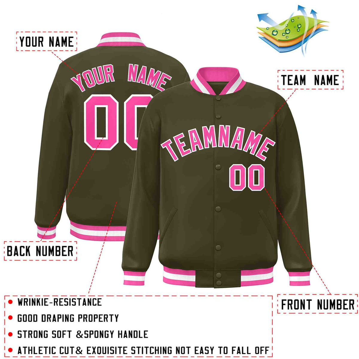 Custom Olive Pink-White Varsity  Jacket Classic Style Full-Snap Letterman