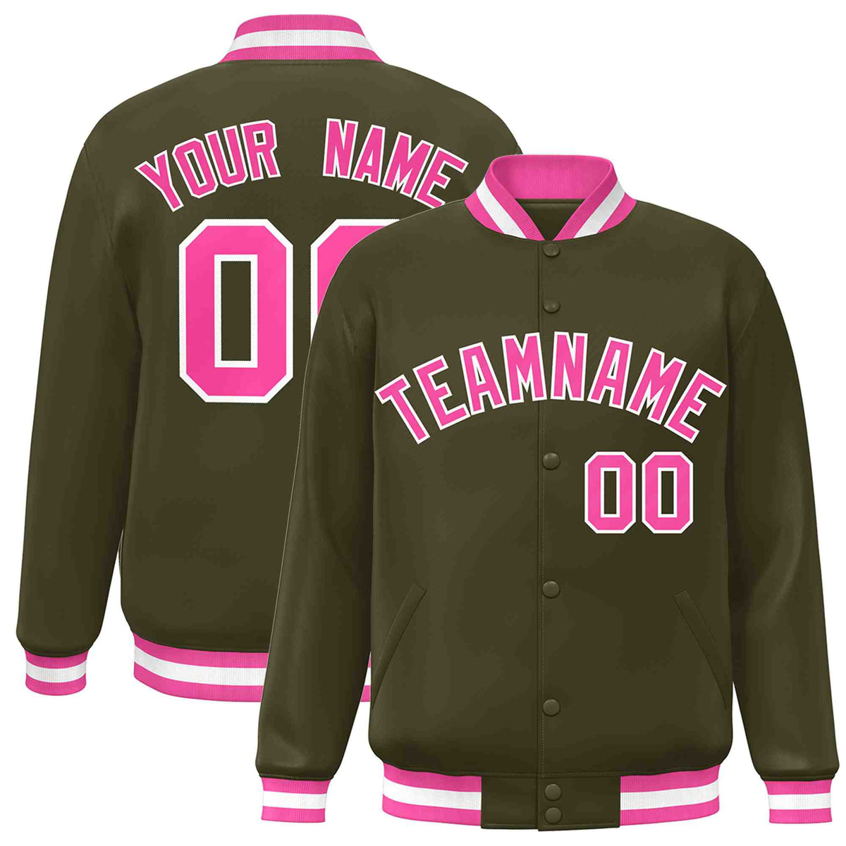 Custom Olive Pink-White Varsity  Jacket Classic Style Full-Snap Letterman