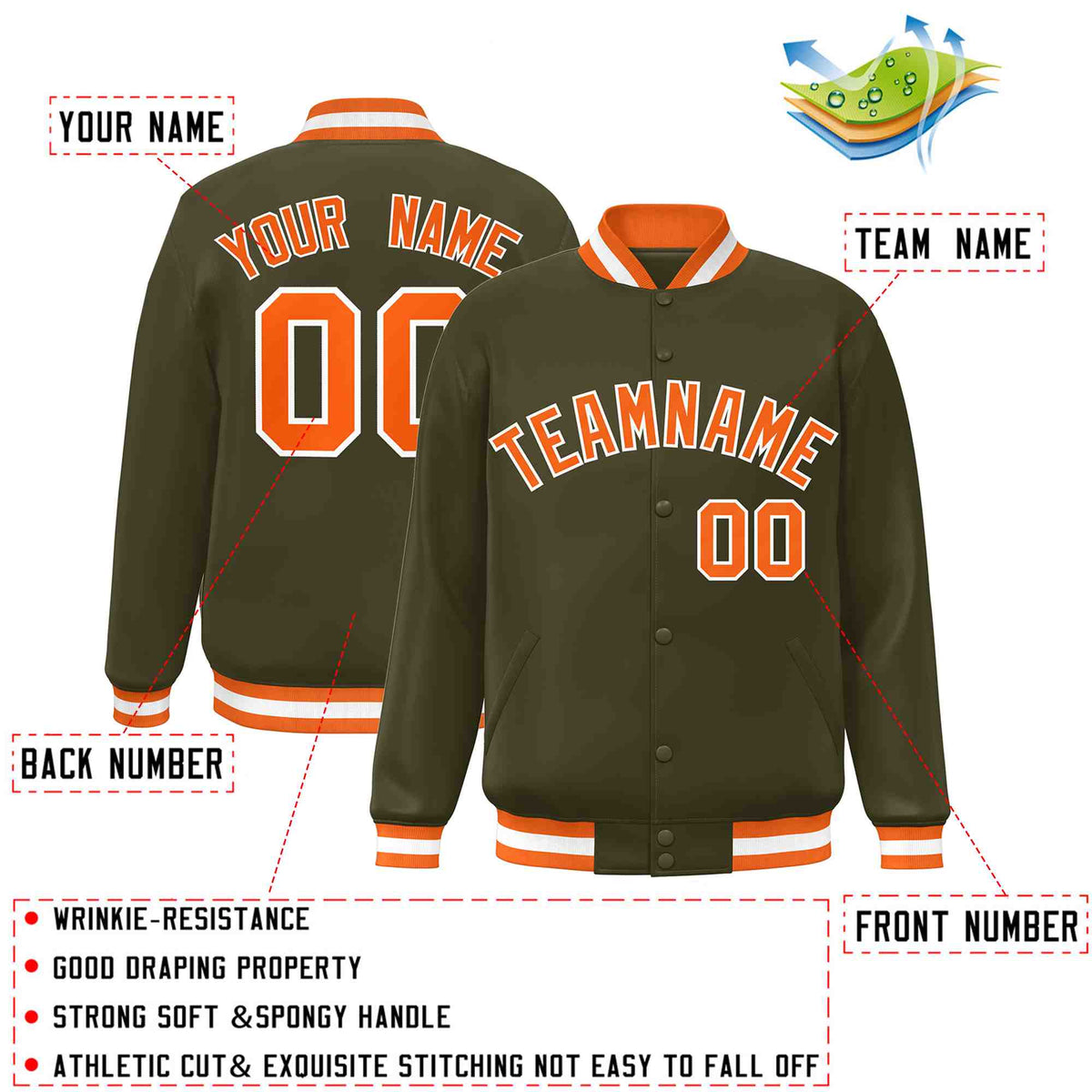 Custom Olive Orange-White Varsity  Jacket Classic Style Full-Snap Letterman