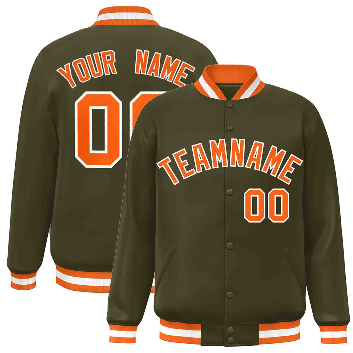 Custom Olive Orange-White Varsity  Jacket Classic Style Full-Snap Letterman
