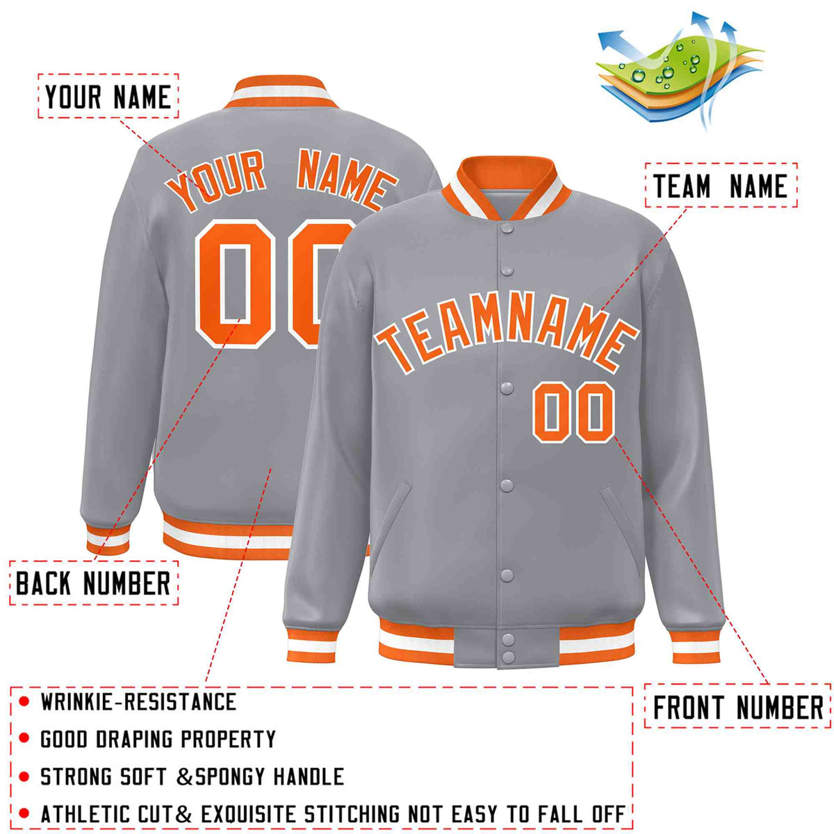 Custom Gray Orange-White Varsity  Jacket Classic Style Full-Snap Letterman