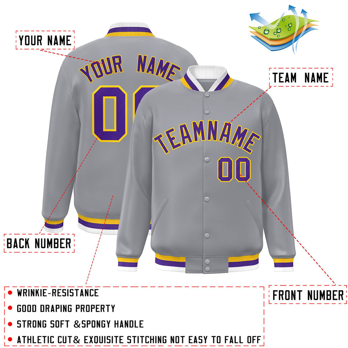 Custom Gray Purple-Gold Varsity  Jacket Classic Style Full-Snap Letterman