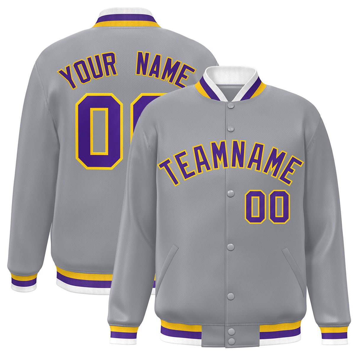 Custom Gray Purple-Gold Varsity  Jacket Classic Style Full-Snap Letterman