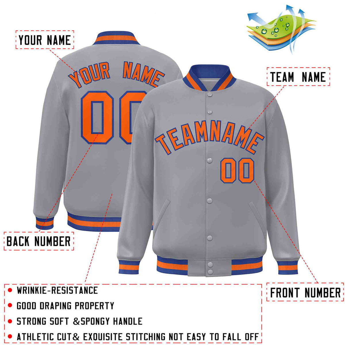 Custom Gray Orange-Royal Varsity  Jacket Classic Style Full-Snap Letterman