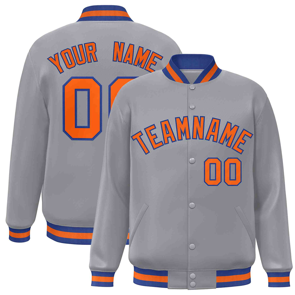 Custom Gray Orange-Royal Varsity  Jacket Classic Style Full-Snap Letterman