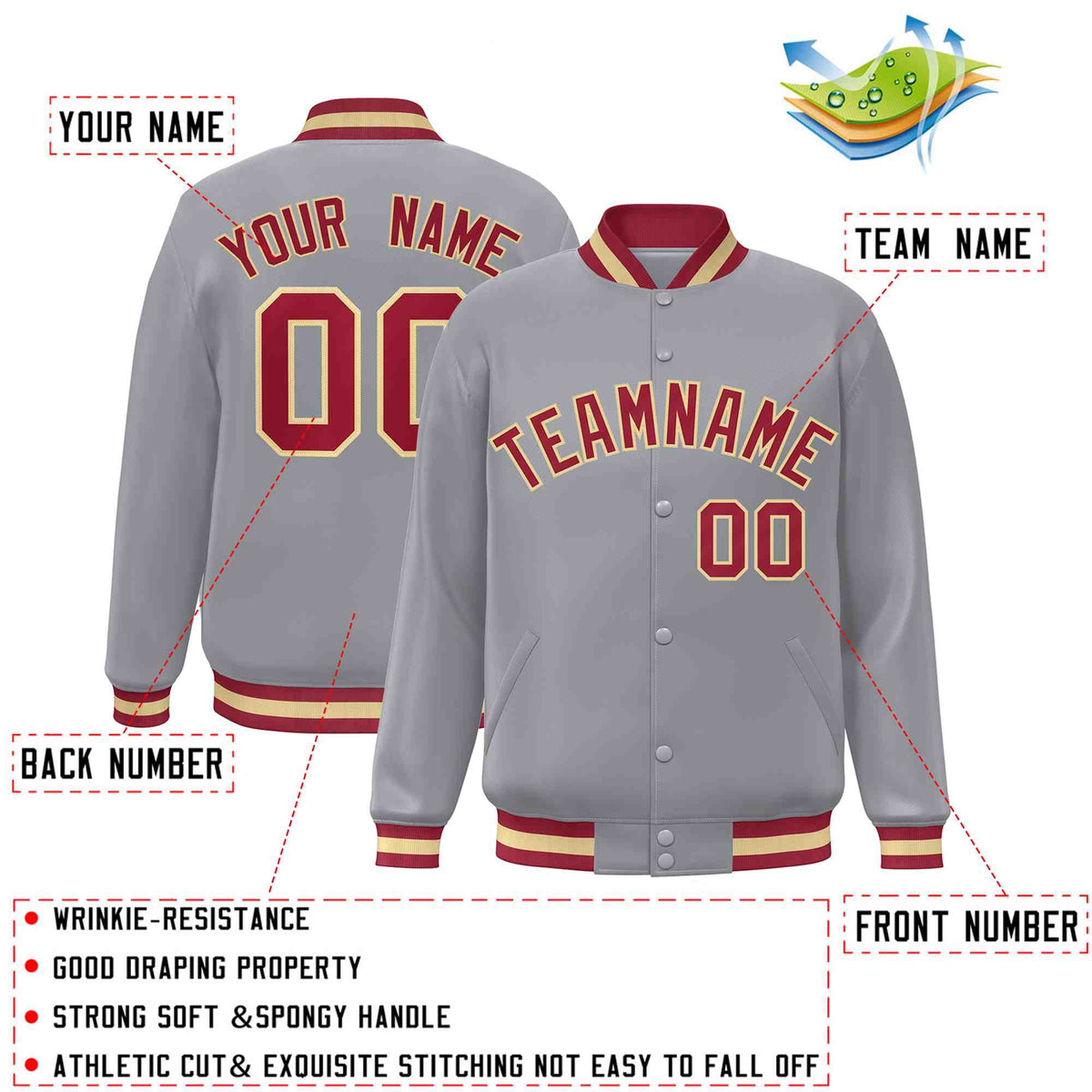 Custom Gray Crimson-Khaki Varsity  Jacket Classic Style Full-Snap Letterman