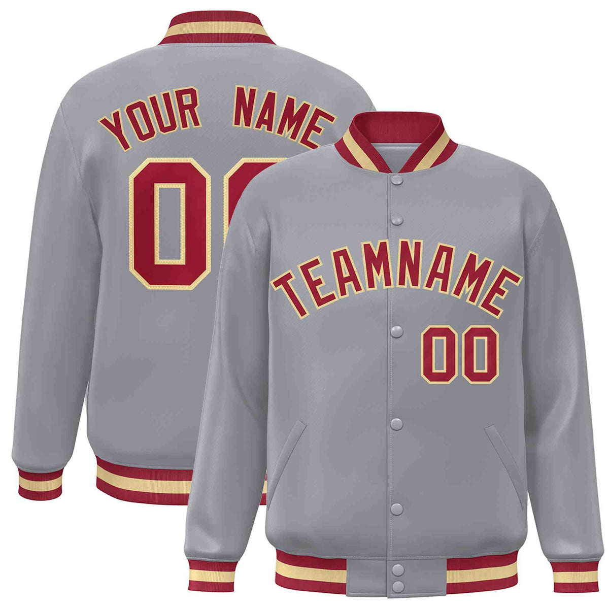 Custom Gray Crimson-Khaki Varsity  Jacket Classic Style Full-Snap Letterman