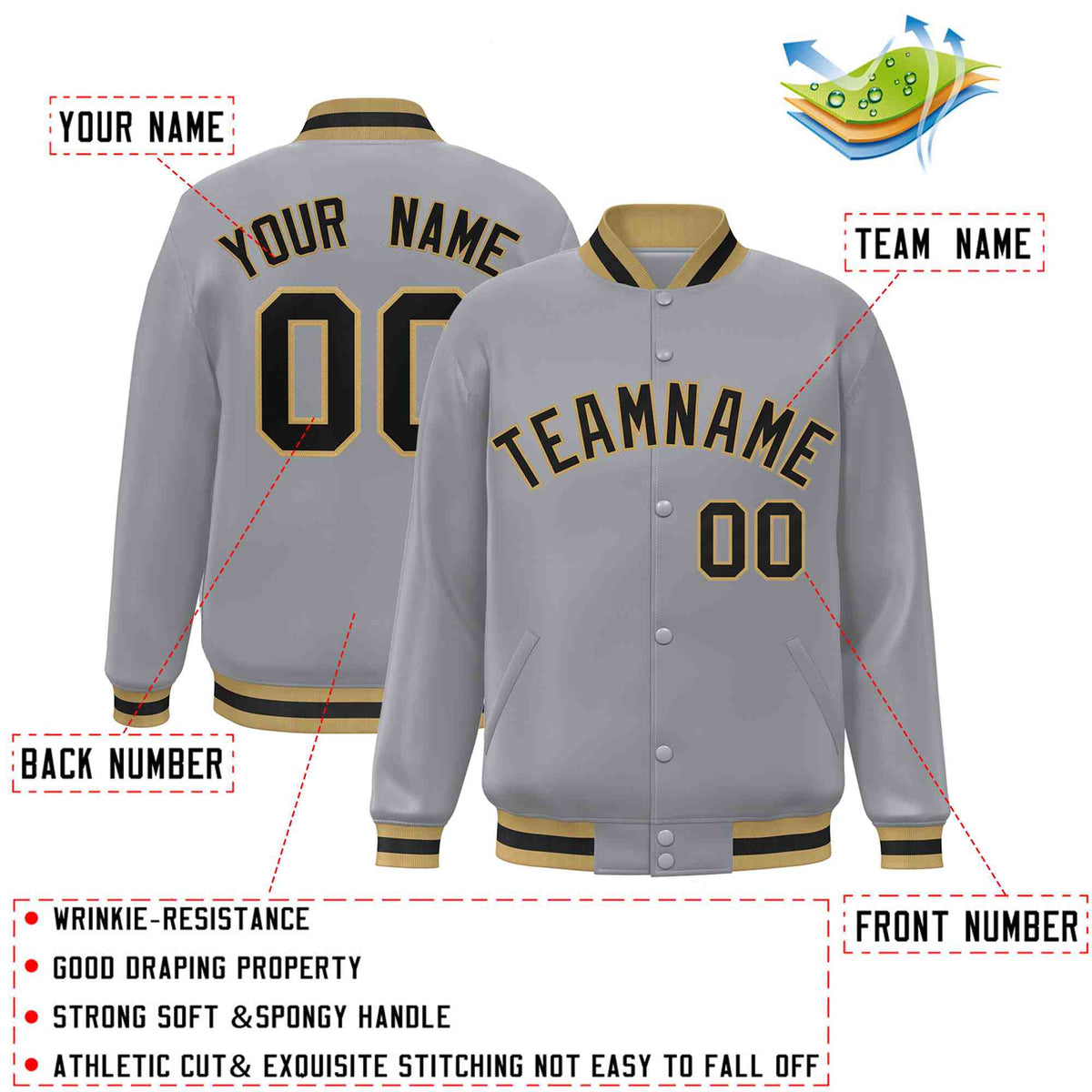 Custom Gray Black-Old Gold Varsity  Jacket Classic Style Full-Snap Letterman