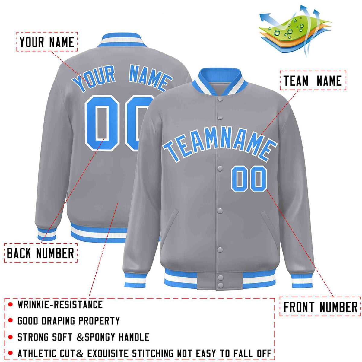 Custom Gray Powder Blue-White Varsity  Jacket Classic Style Full-Snap Letterman