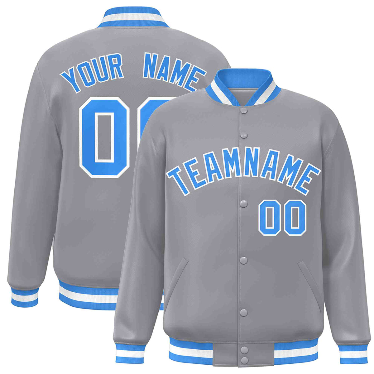 Custom Gray Powder Blue-White Varsity  Jacket Classic Style Full-Snap Letterman