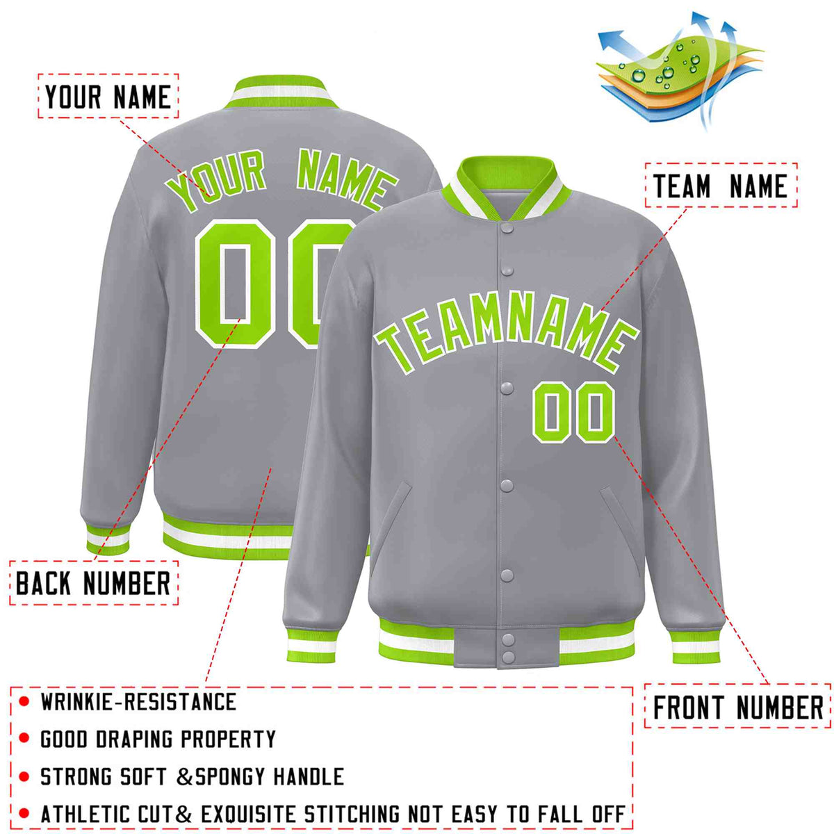 Custom Gray Neon Green-White Varsity  Jacket Classic Style Full-Snap Letterman