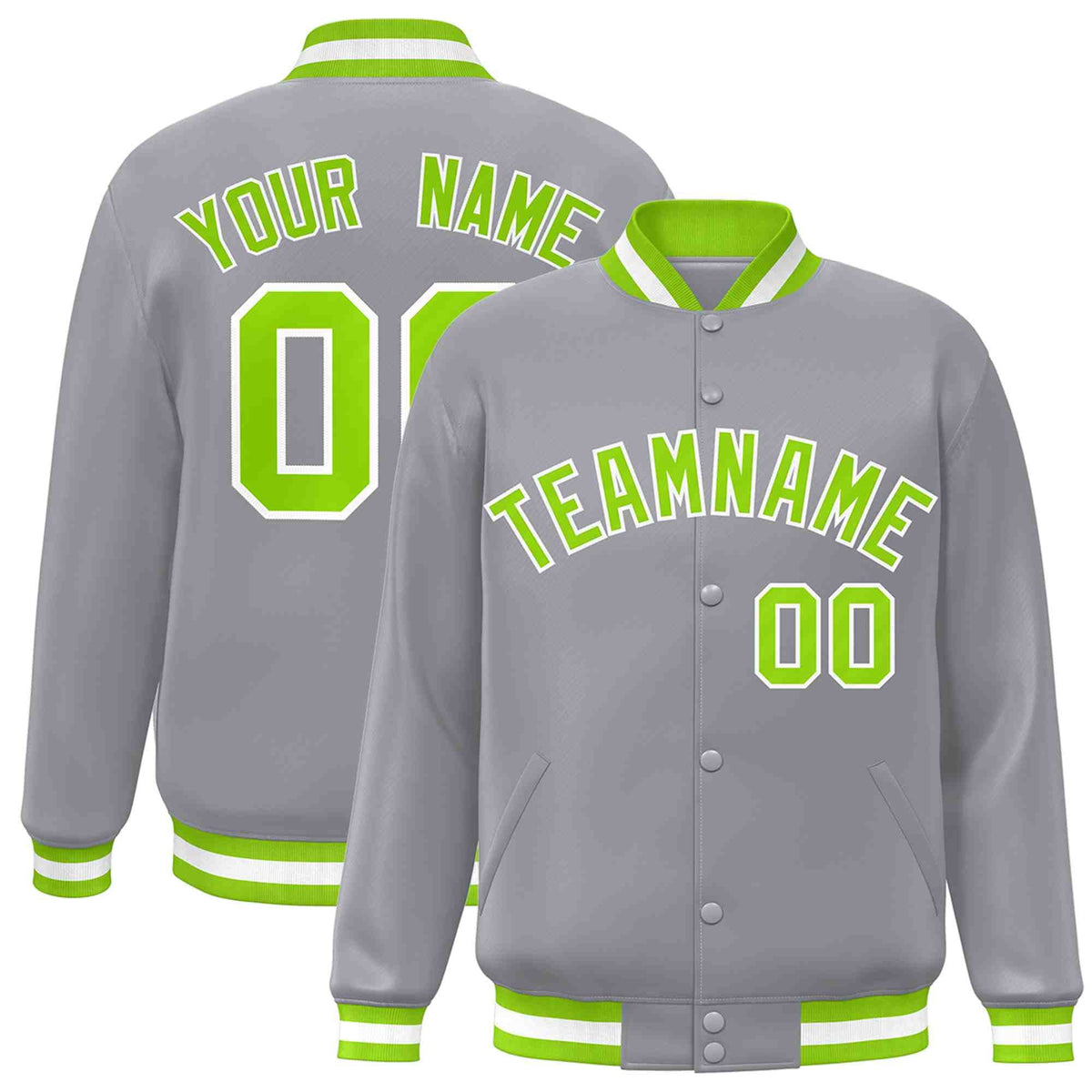 Custom Gray Neon Green-White Varsity  Jacket Classic Style Full-Snap Letterman