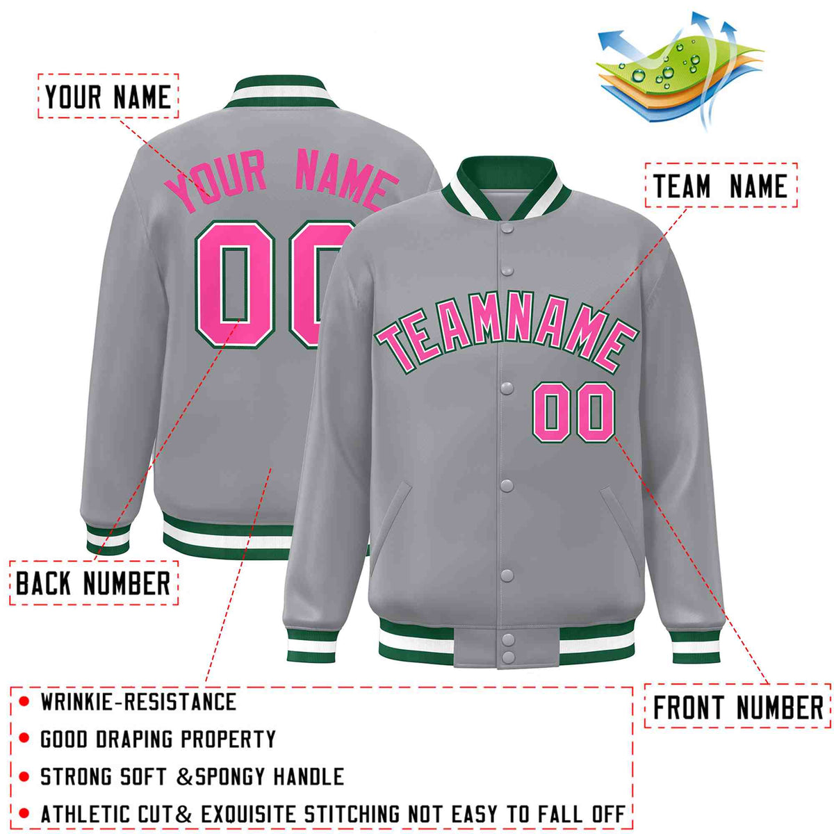 Custom Gray Pink-White Varsity  Jacket Classic Style Full-Snap Letterman