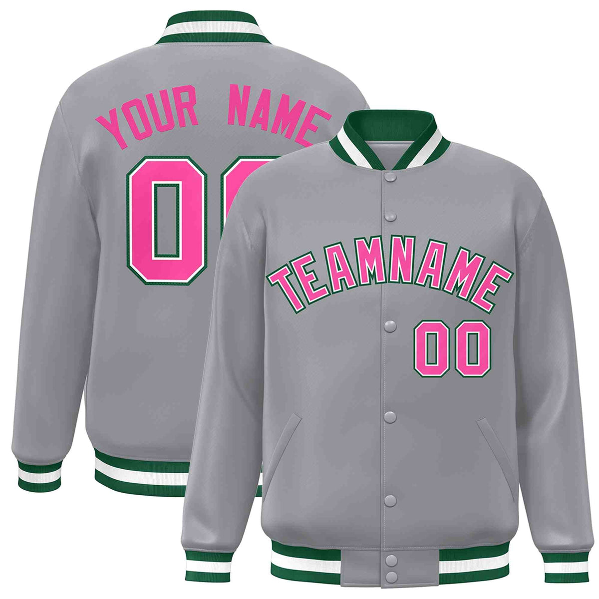 Custom Gray Pink-White Varsity  Jacket Classic Style Full-Snap Letterman