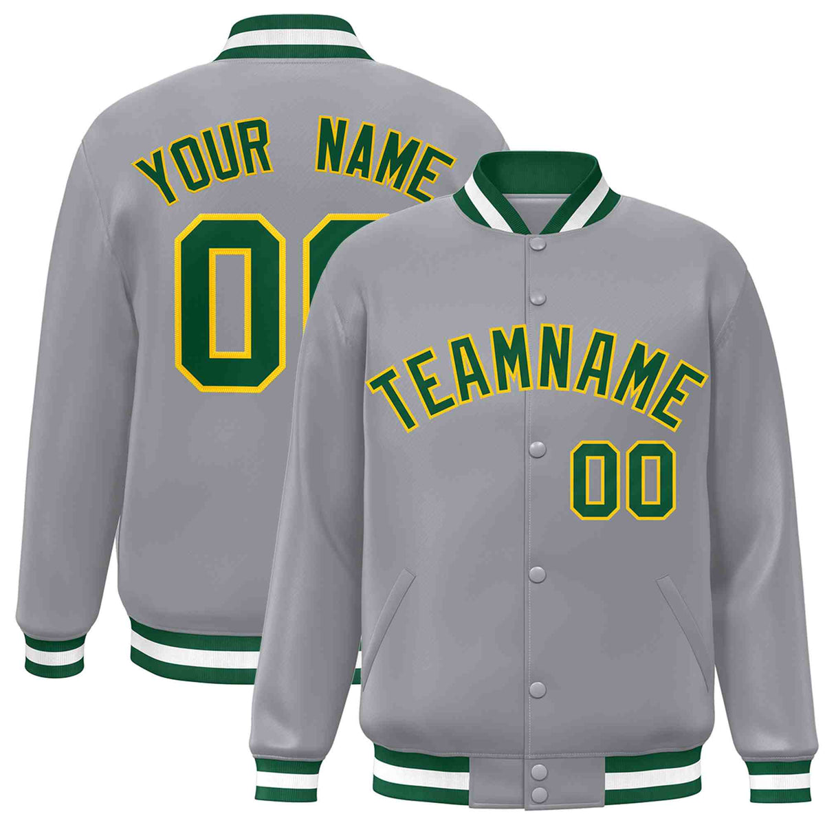 Custom Gray Green-Gold Varsity  Jacket Classic Style Full-Snap Letterman