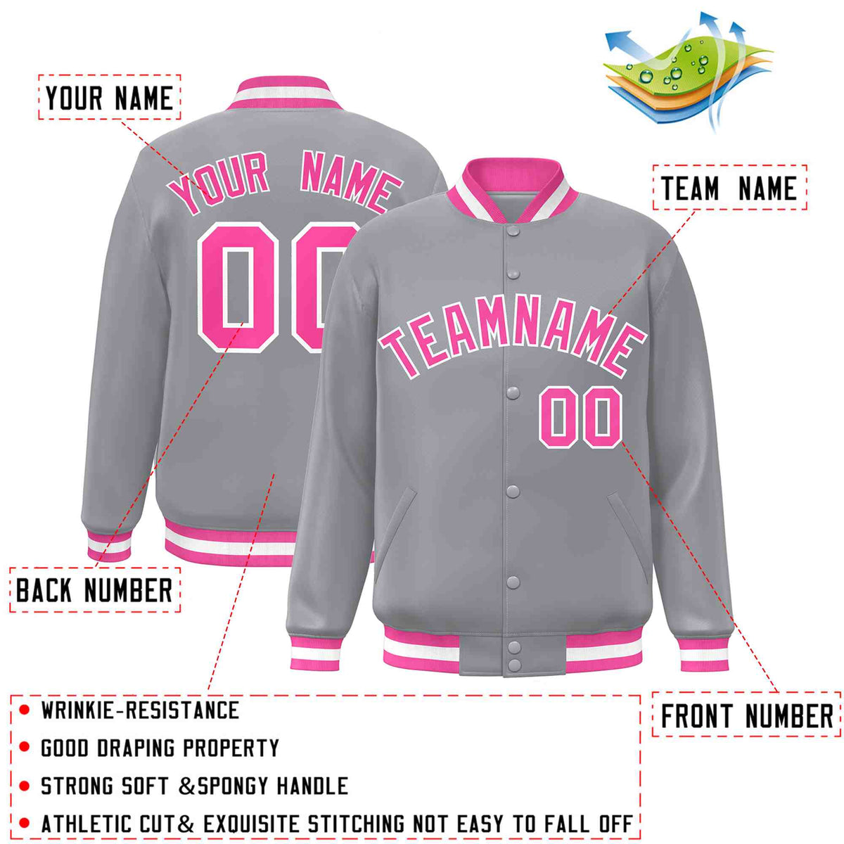 Custom Gray Pink-White Varsity  Jacket Classic Style Full-Snap Letterman