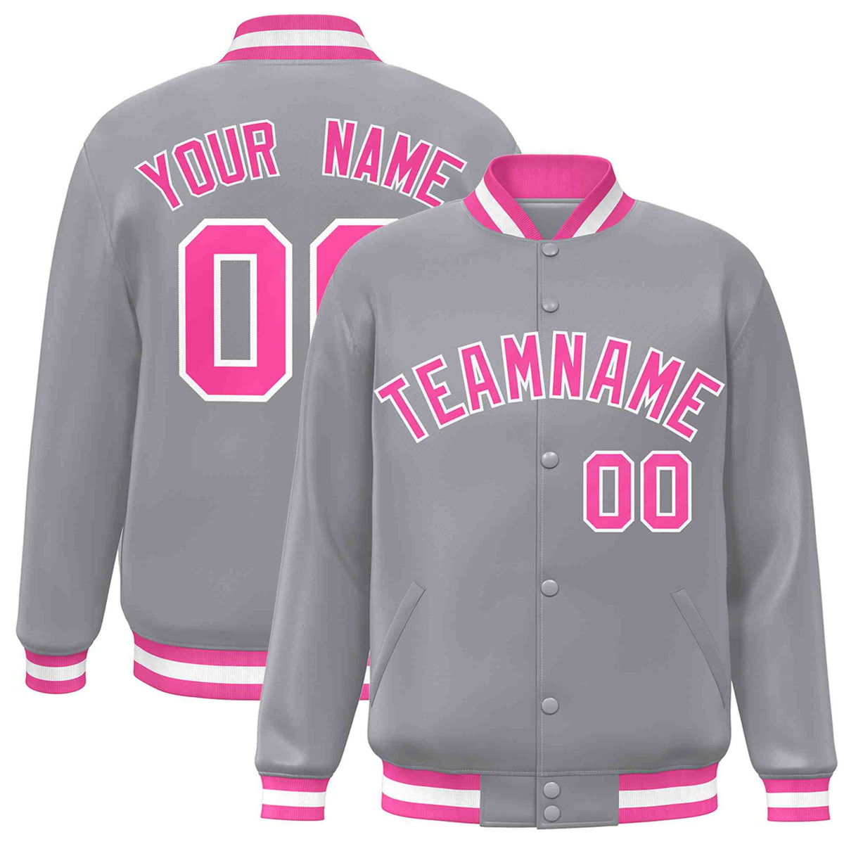 Custom Gray Pink-White Varsity  Jacket Classic Style Full-Snap Letterman