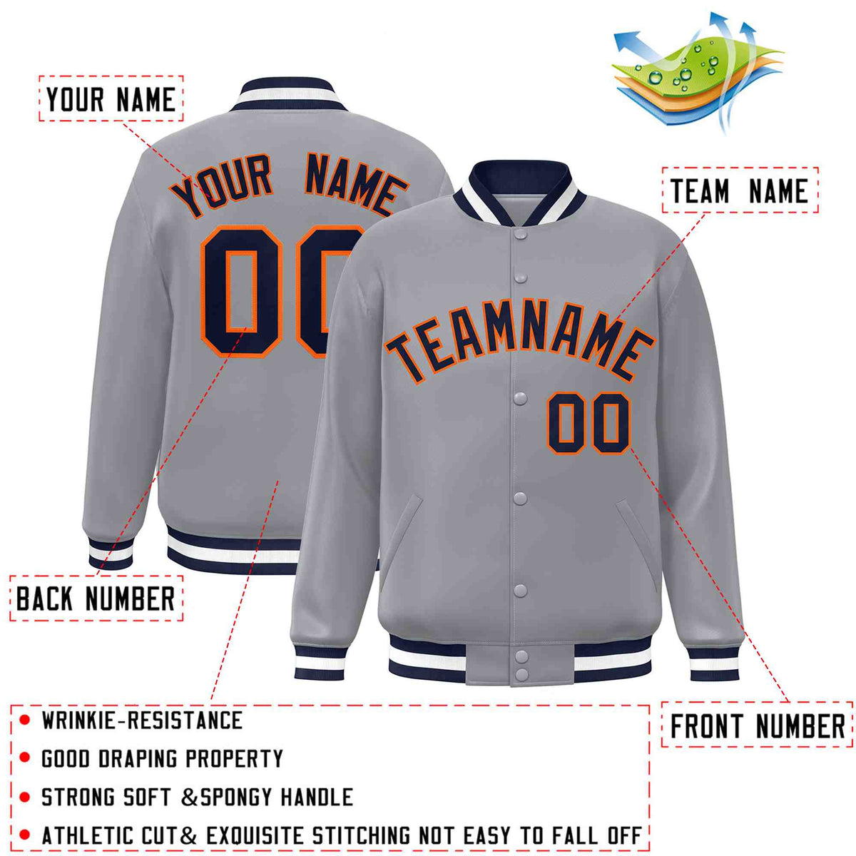 Custom Gray Navy-Orange Varsity  Jacket Classic Style Full-Snap Letterman