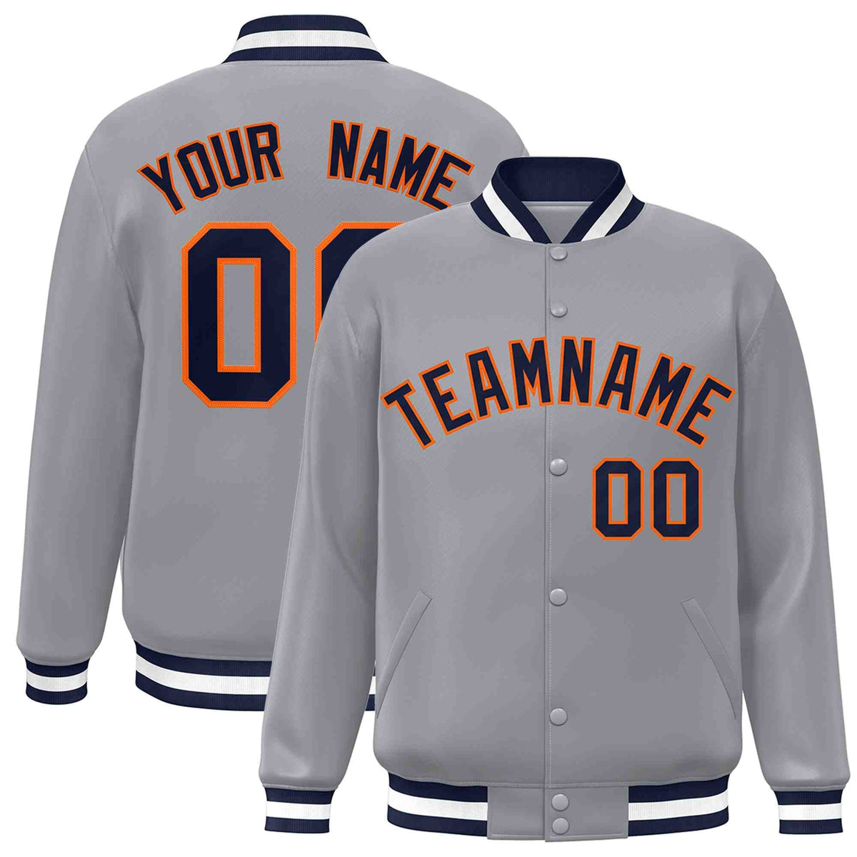 Custom Gray Navy-Orange Varsity  Jacket Classic Style Full-Snap Letterman