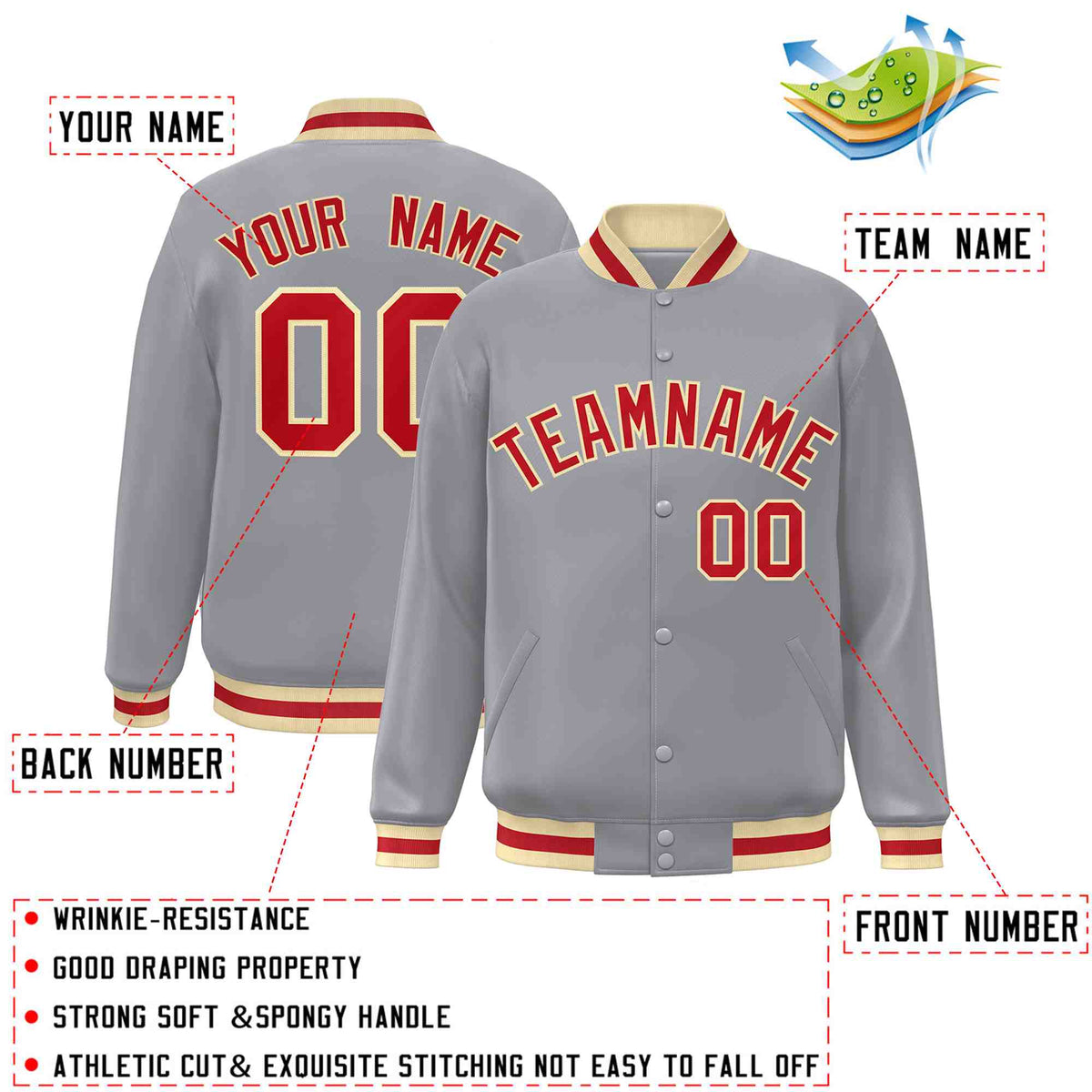 Custom Gray Red-Khaki Varsity  Jacket Classic Style Full-Snap Letterman