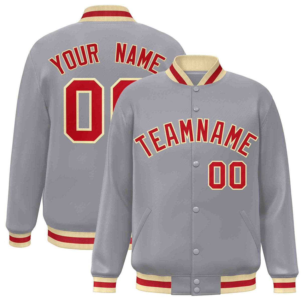 Custom Gray Red-Khaki Varsity  Jacket Classic Style Full-Snap Letterman