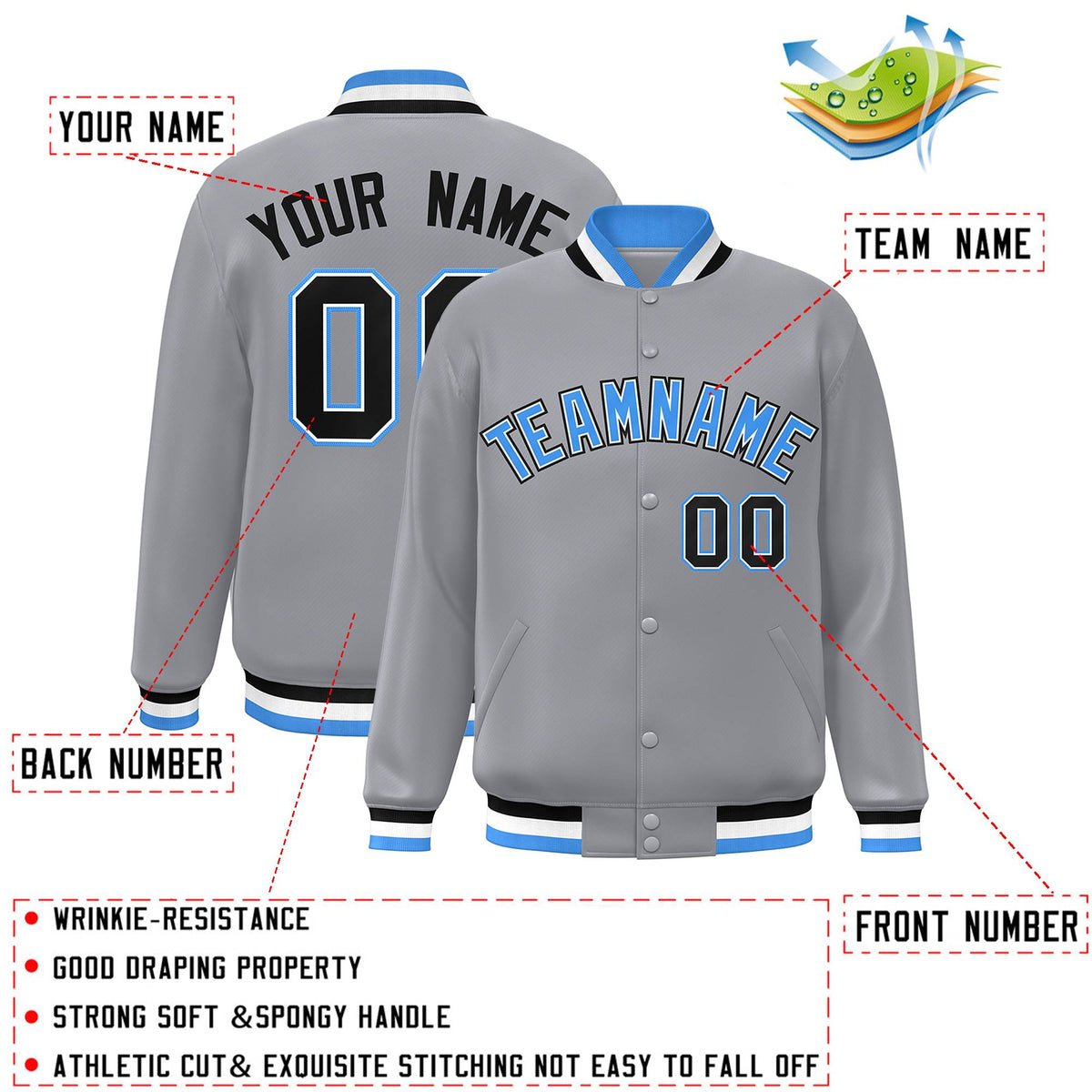 Custom Gray Powder Blue-White Varsity  Jacket Classic Style Full-Snap Letterman