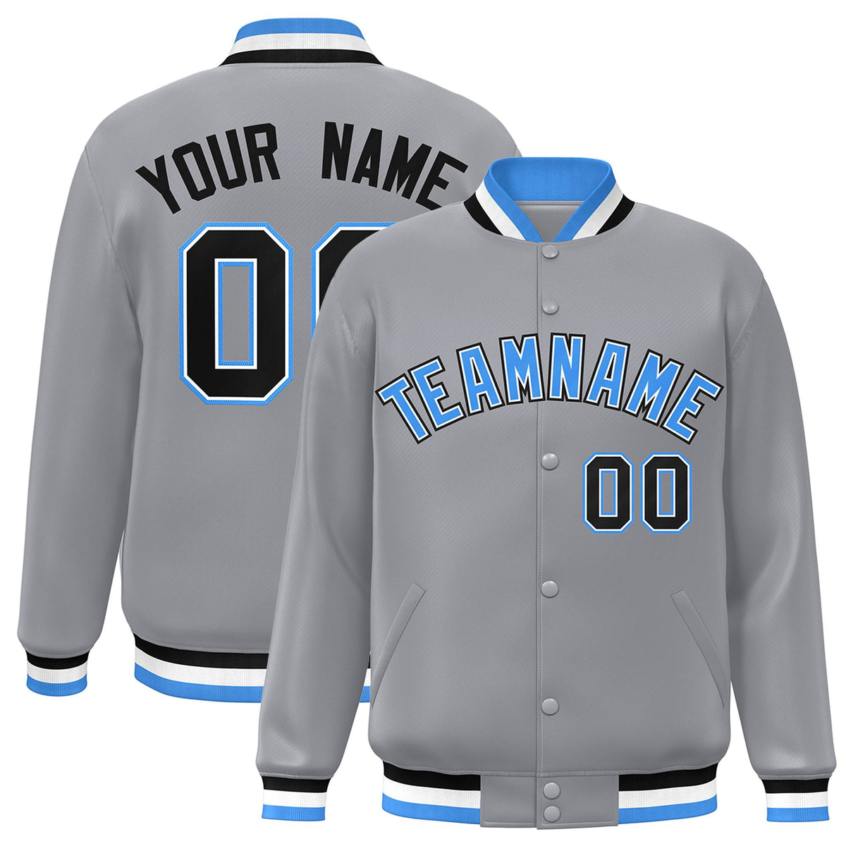 Custom Gray Powder Blue-White Varsity  Jacket Classic Style Full-Snap Letterman