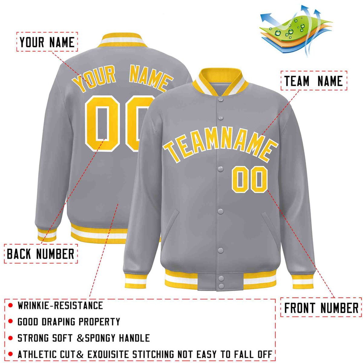 Custom Gray Gold-White Varsity  Jacket Classic Style Full-Snap Letterman