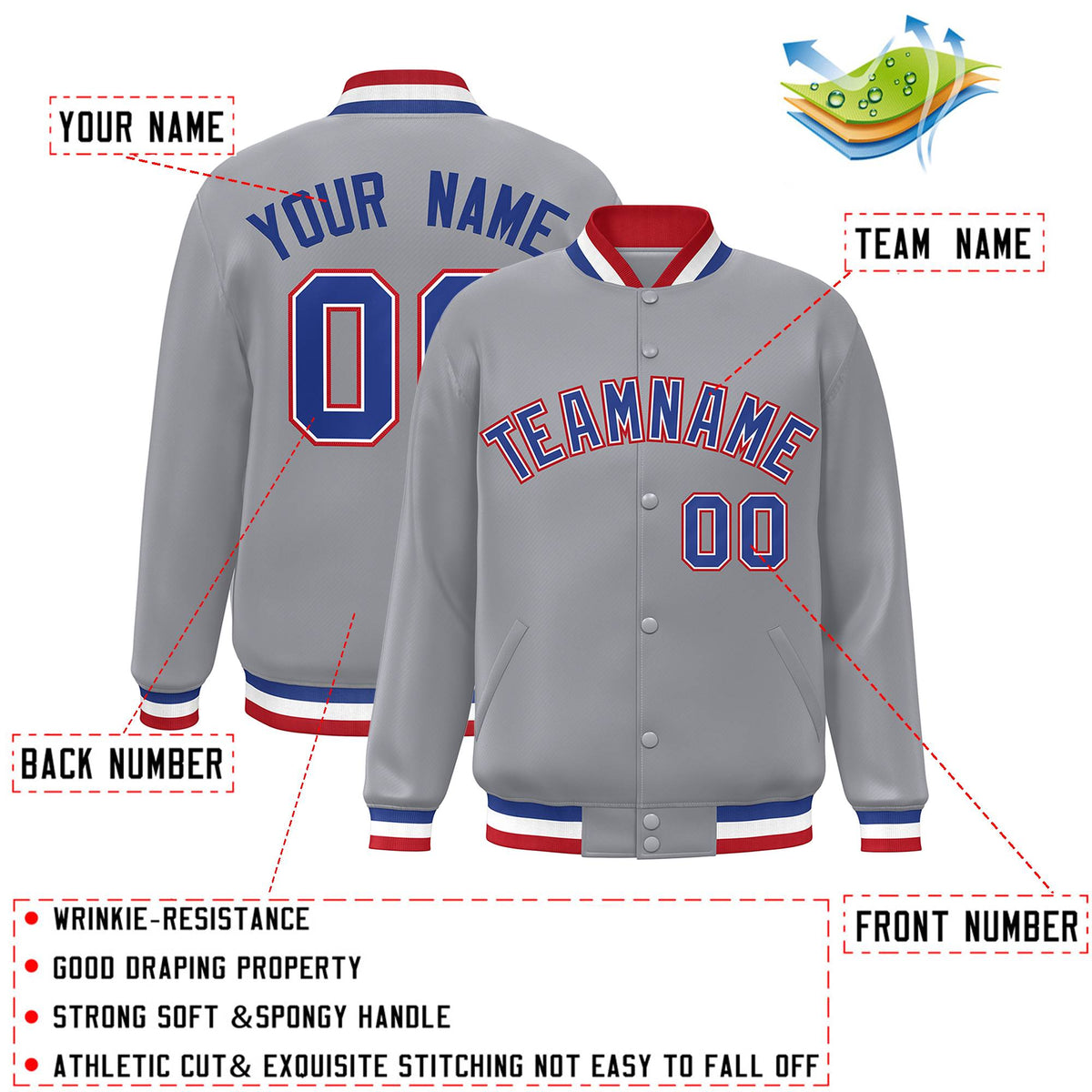 Custom Gray Royal-White Varsity  Jacket Classic Style Full-Snap Letterman