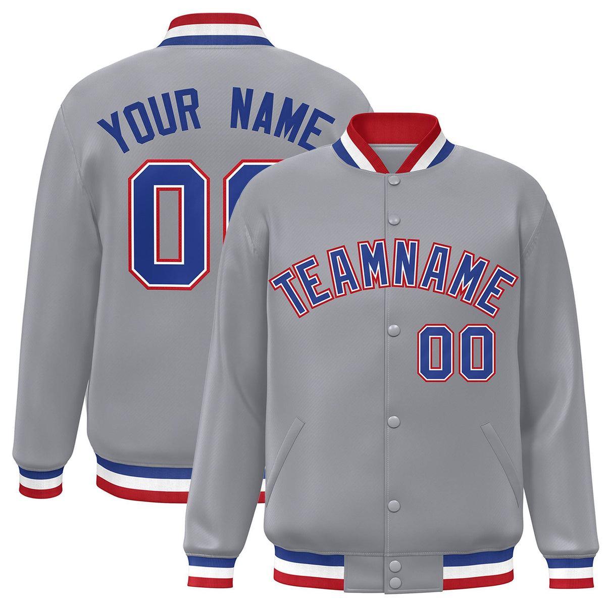 Custom Gray Royal-White Varsity  Jacket Classic Style Full-Snap Letterman
