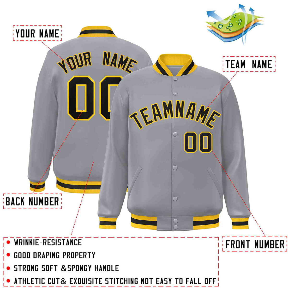 Custom Gray Black-Gold Varsity  Jacket Classic Style Full-Snap Letterman