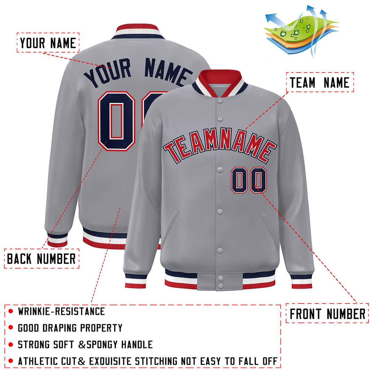 Custom Gray Red-White Varsity  Jacket Classic Style Full-Snap Letterman
