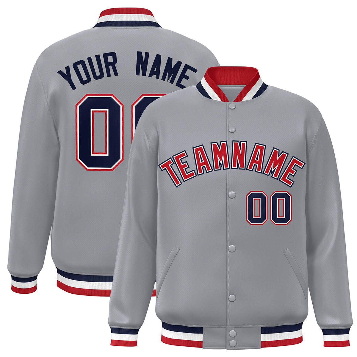 Custom Gray Red-White Varsity  Jacket Classic Style Full-Snap Letterman