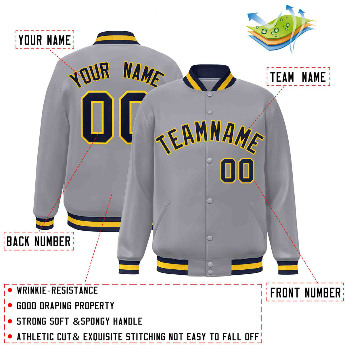 Custom Gray Navy-Gold Varsity  Jacket Classic Style Full-Snap Letterman
