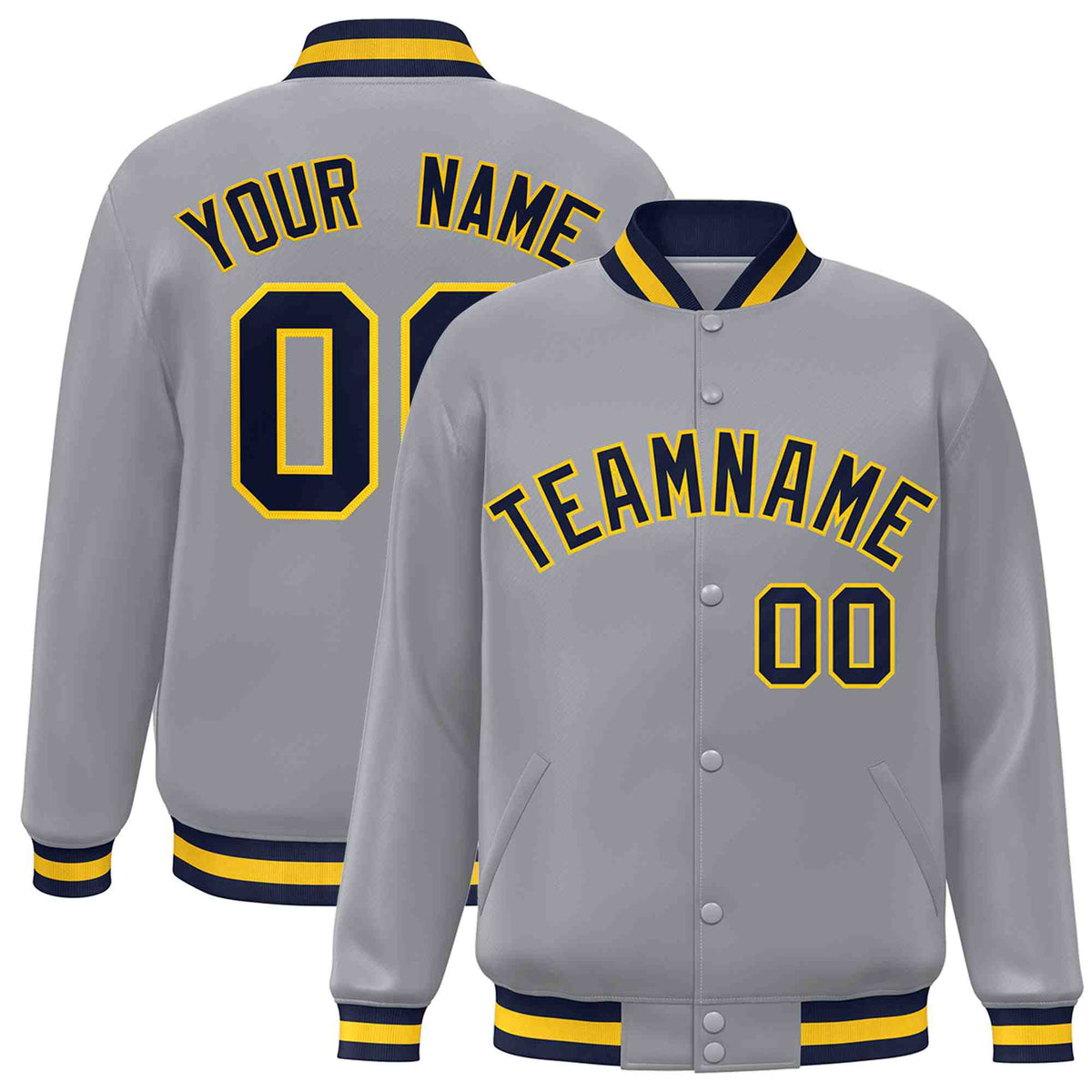 Custom Gray Navy-Gold Varsity  Jacket Classic Style Full-Snap Letterman