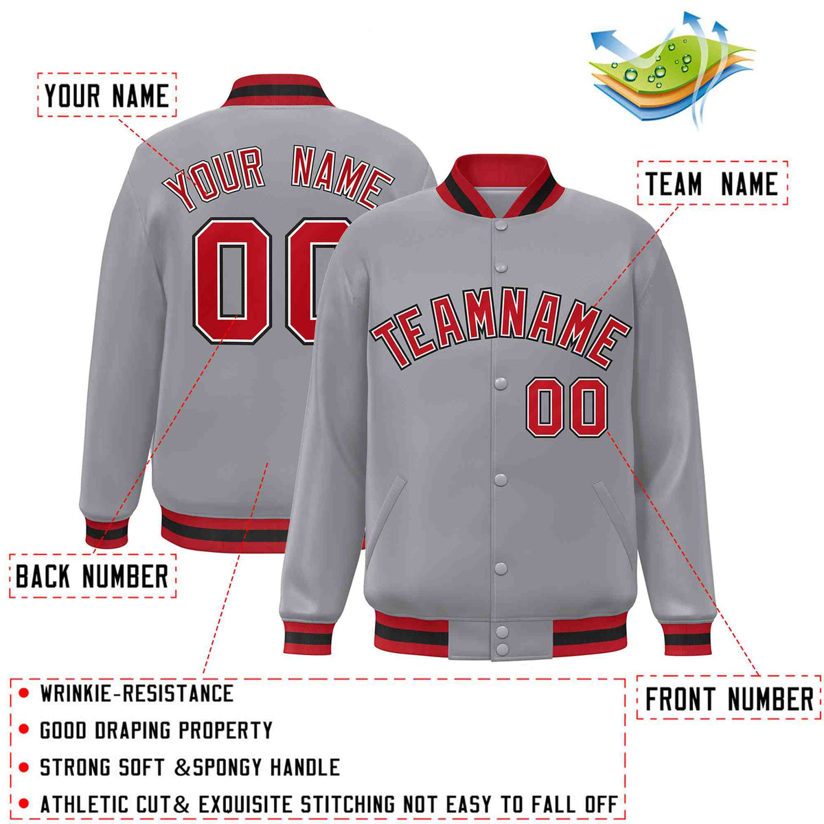 Custom Gray Red-White Varsity  Jacket Classic Style Full-Snap Letterman
