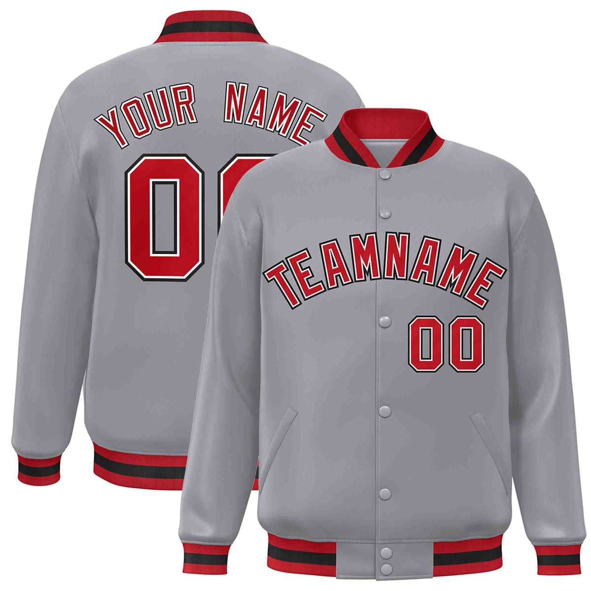 Custom Gray Red-White Varsity  Jacket Classic Style Full-Snap Letterman