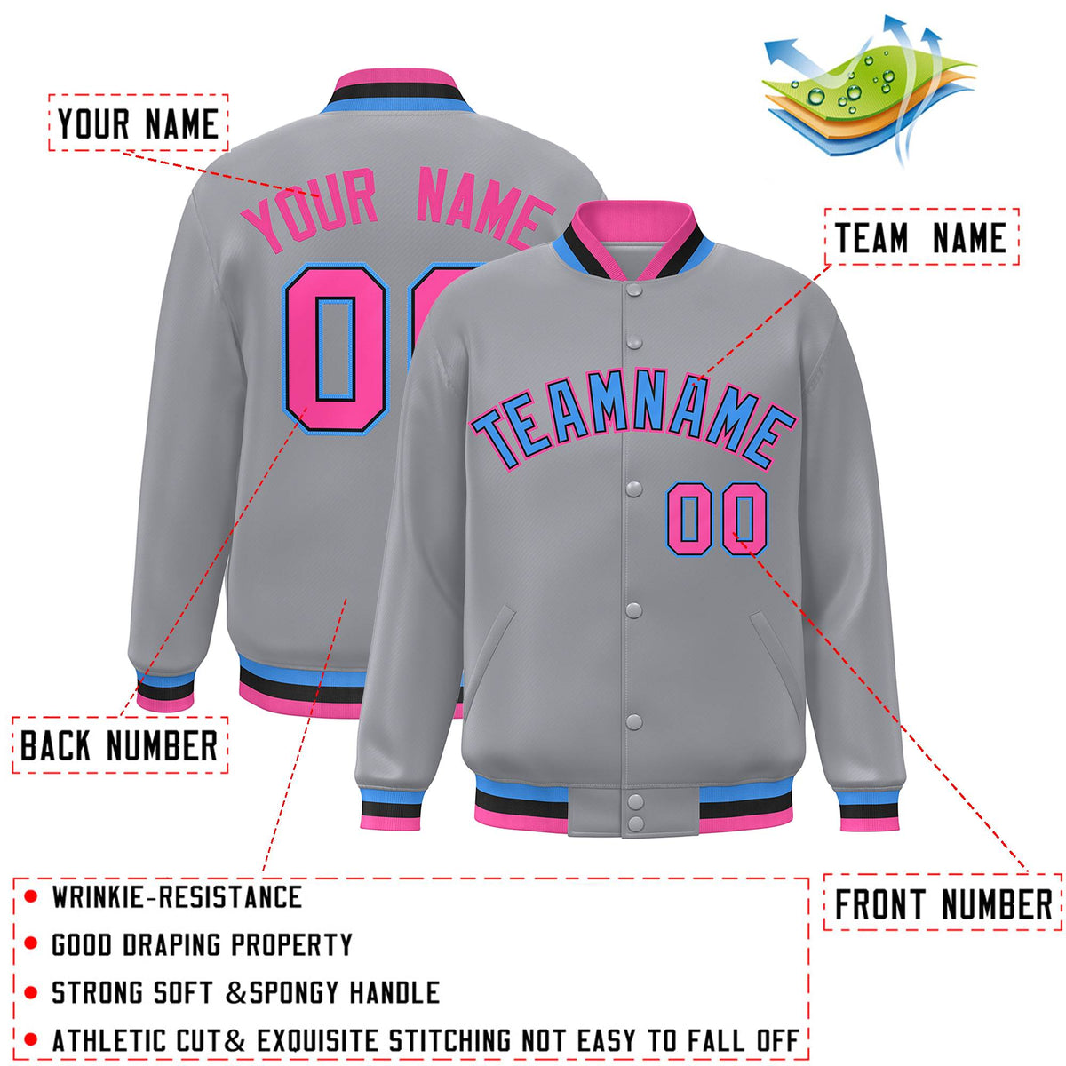 Custom Gray Powder Blue-Black Varsity  Jacket Classic Style Full-Snap Letterman