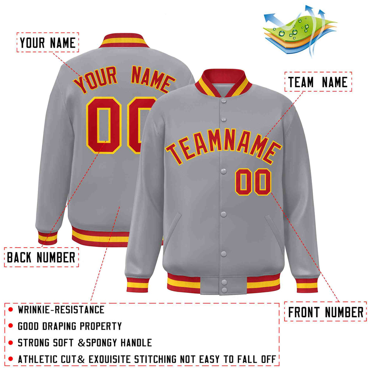 Custom Gray Red-Gold Varsity  Jacket Classic Style Full-Snap Letterman