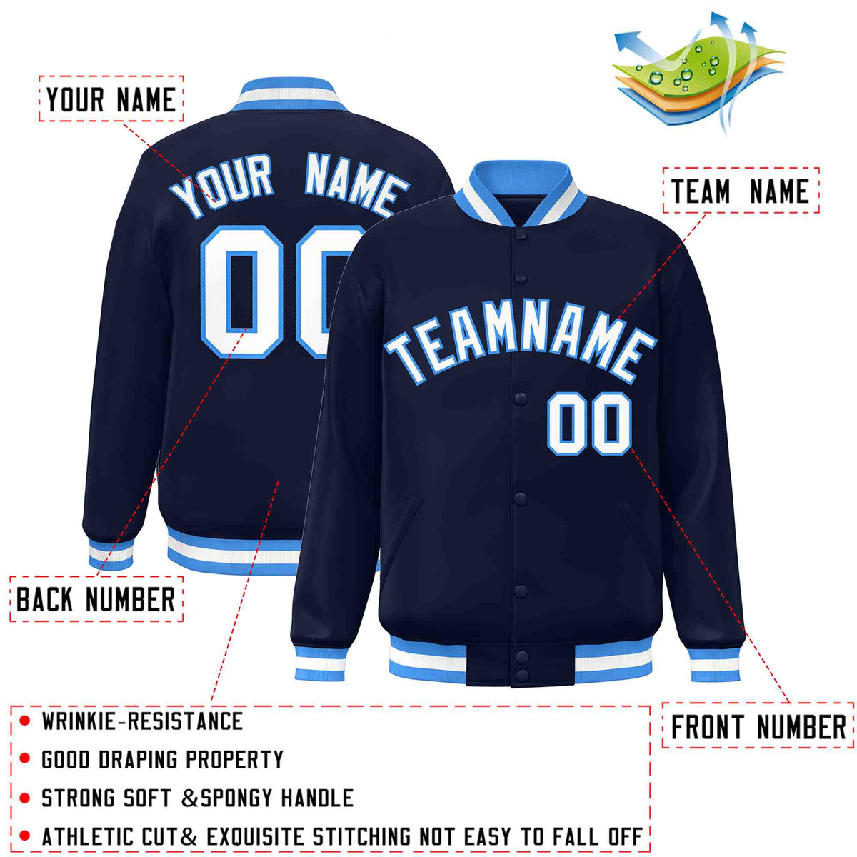Custom Navy White-Powder Blue Varsity  Jacket Classic Style Full-Snap Letterman