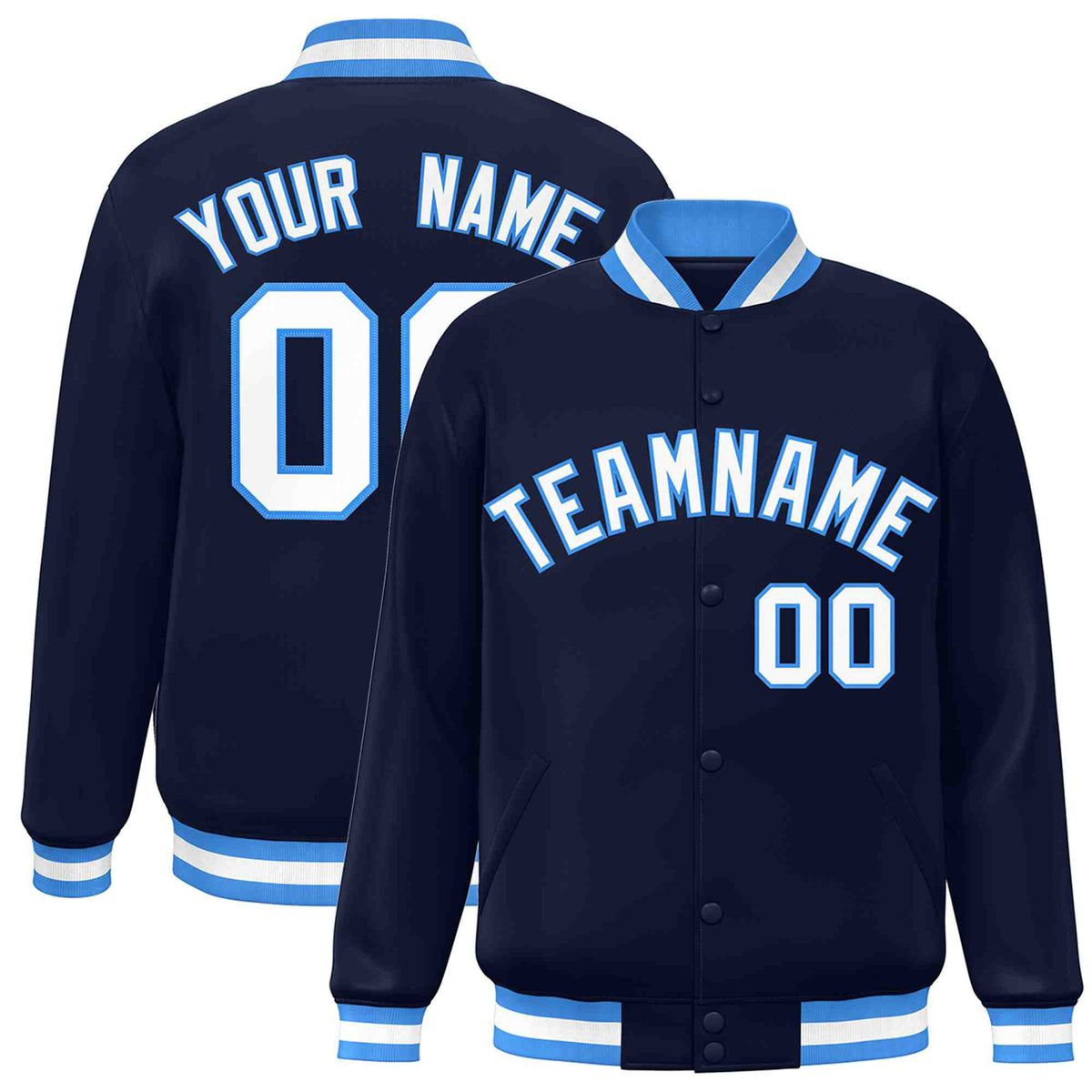 Custom Navy White-Powder Blue Varsity  Jacket Classic Style Full-Snap Letterman