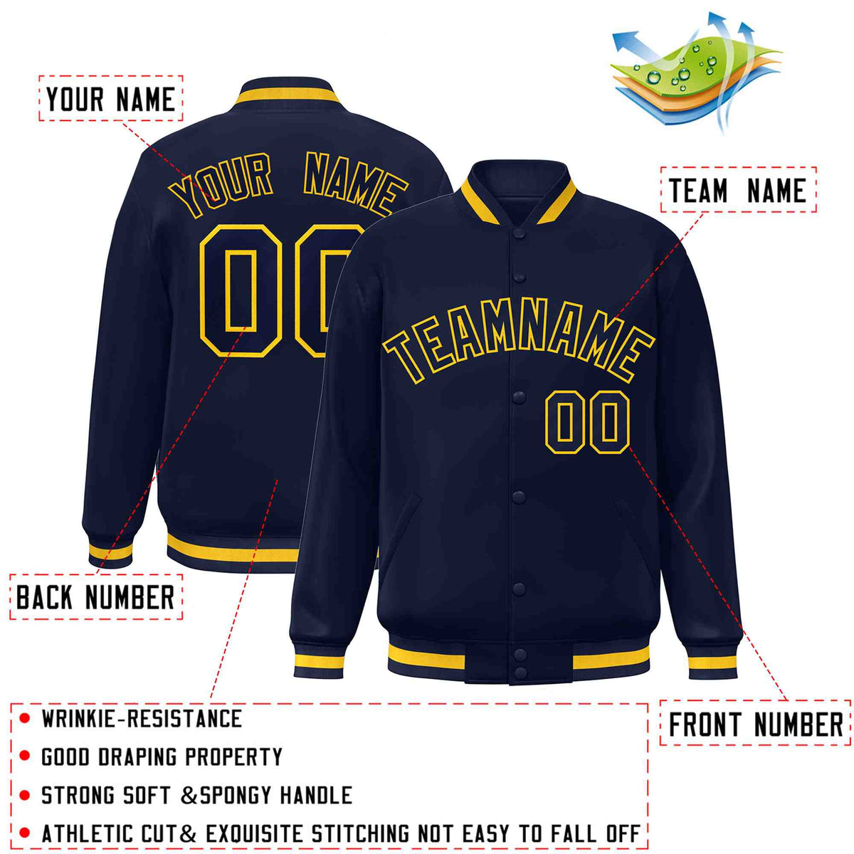 Custom Navy Navy-Gold Varsity  Jacket Classic Style Full-Snap Letterman