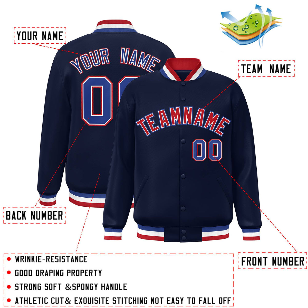 Custom Navy Red-White Varsity  Jacket Classic Style Full-Snap Letterman