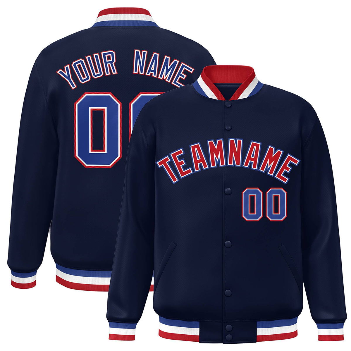 Custom Navy Red-White Varsity  Jacket Classic Style Full-Snap Letterman